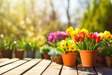 Sunny spring summer garden flower pots gardening background - obrazy, fototapety, plakaty