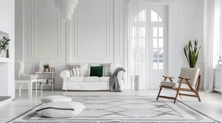 Spacious white room with pattern carpet, sofa and armchair - obrazy, fototapety, plakaty
