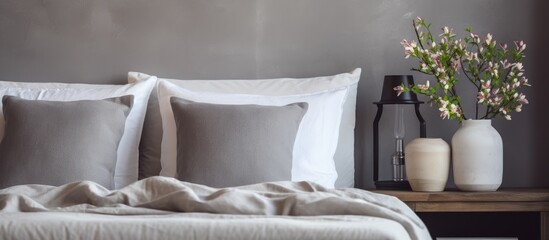 On the nightstand next to the bed, there are two vases of flowers. The furniture in the room includes a wooden nightstand, adding a touch of comfort to the house