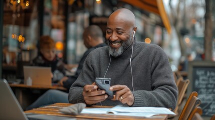 A cheerful, bearded senior man is enjoying his time using a smartphone at an outdoor cafe, with a blurred background of city life and fellow patrons