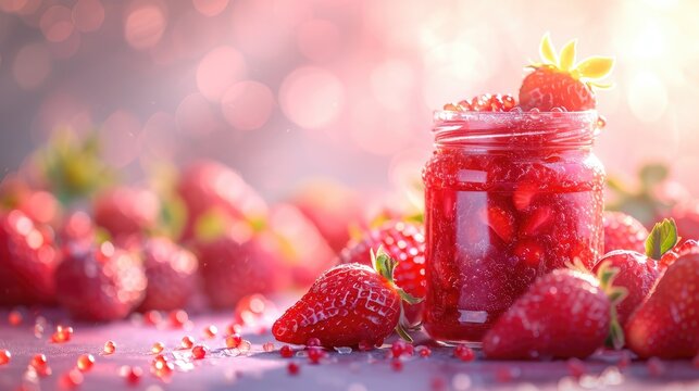 Vibrant image showing a jar filled with bright red strawberry jam surrounded by fresh strawberries