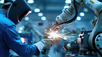 A robotic arm's precise welding in a factory highlights the evolution of automated industrial processes.