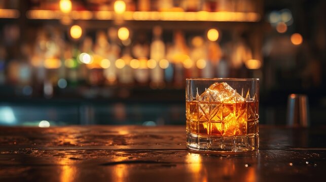 Glass of whiskey with ice cubes on a bar counter with blurred background