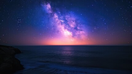 Milky Way galaxy over the ocean with rocky coastline in the foreground