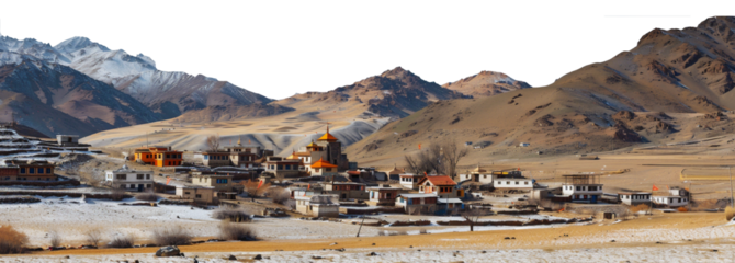 The village on the mountainside is visible from afar. PNG file