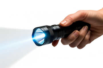 A flashlight emitting light, held in a woman's hand