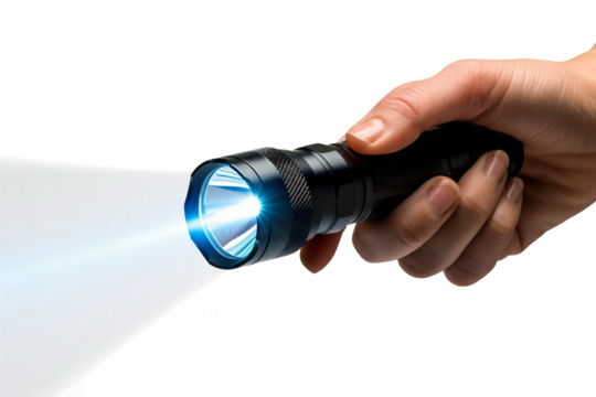 A flashlight emitting light, held in a woman's hand