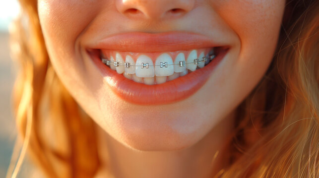 A close-up image of a young woman with orthodontic braces on her teeth, smiling confidently, showcasing the dental tools used for achieving perfect teeth alignment