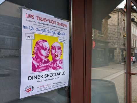Brive, France, March 3, 2024: Cabaret show poster in urban setting.