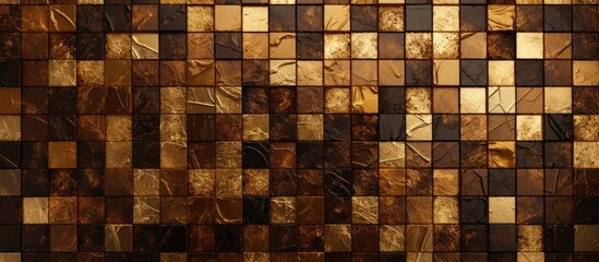 Mosaic tiles with gold accents on a brown background