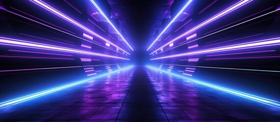 A tunnel with symmetrical patterns of purple, violet, and electric blue neon lights creates a mesmerizing visual effect, perfect for entertainment and music venues