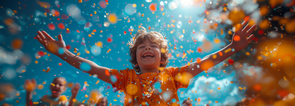 A young boy with a bright smile looks up with wonder, surrounded by sparkling bubbles against a backdrop of sunlit trees, embodying the pure joy of a carefree childhood moment.