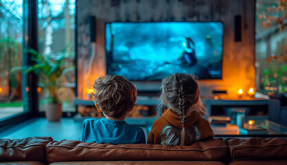 Two children are sitting comfortably on a brown leather couch, absorbed in watching a colorful...
