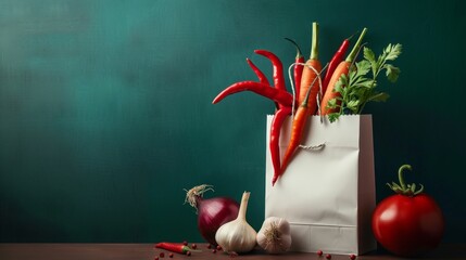 white paper bag onion red chilly paper dark green background