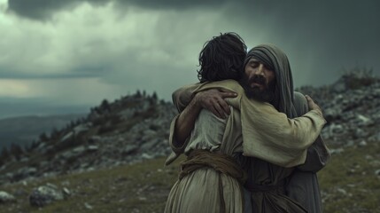 A divine moment: Jesus blesses a believer kneeling before Him, radiating compassion and spiritual grace in a profound encounter.