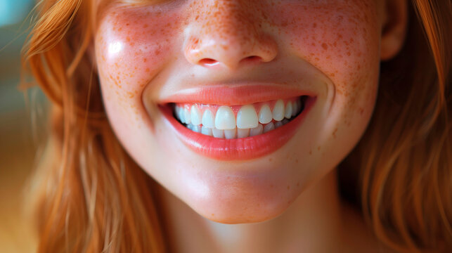 This close-up image captures the joyful expression of a person with a radiant smile and a face adorned with freckles, exuding natural beauty and confidence