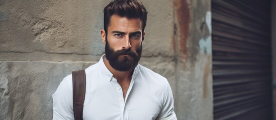 Obraz premium The man with facial hair, including a beard and moustache, is wearing a white dress shirt with a collar and rolledup sleeves. He is carrying a brown bag, displaying a sense of art in his formal wear