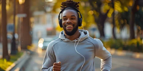 Fotobehang Man jogging happily through city streets in morning with headphones on. Concept Exercise, Running, Cityscape, Morning Routine, Listening to Music © Ян Заболотний