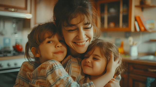 Children Congratulating and Hugging Mother in Kitchen, Happy Family Moments, Motherhood Joyful Bonding Scene, Kids Embracing Mom, Warm Family Love and Affection, Generative AI

