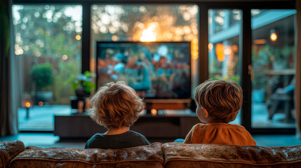 Two young kids are sitting on an ornate brown sofa, engaged in an adventurous movie on TV, with the...