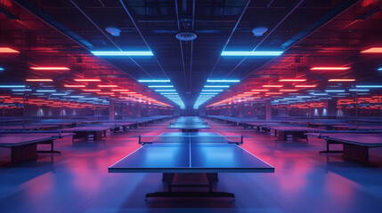 a neon lit room with table tennis tables