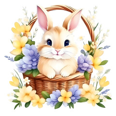 The rabbit is sitting in a basket with flowers, etc. Perfect for postcards, scrapbooking, blogs, social media and more