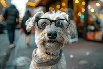 Portrait of a dog with glasses, background of the city