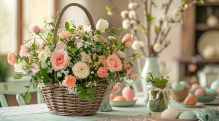 Fototapeta na wymiar An Easter flower arrangement bouquet in a basket with Easter eggs stands on the festive dining table on Easter morning.