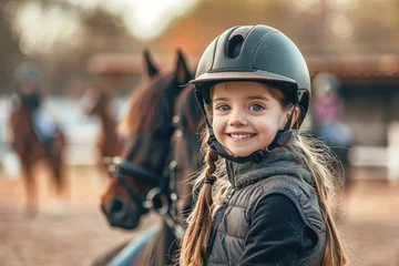 Stoff pro Meter Happy young girl at horse riding lesson looking at camera while wearing equestrian helmet © kardaska