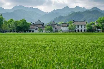 Foto op Plexiglas Guilin Empty green field Chinese village on background.
