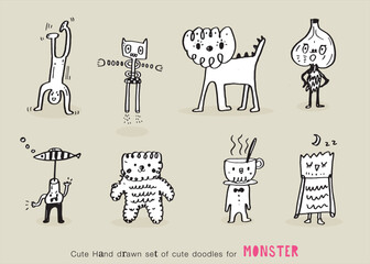 Cute monsters doodles.Cute monsters doodles,funny cool monsters, aliens or fantasy animals for children coloring books or t-shirts. Hand drawn line art cartoon vector illustration.