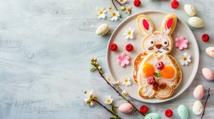 Easter holiday children's breakfast pancake in the shape of an Easter bunny with berries and Easter colored eggs on a light wooden background
