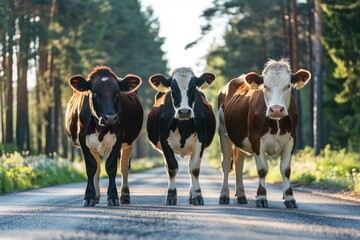Cows standing on the road near forest at early morning or evening time. Road hazards, wildlife and transport.