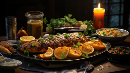 Roasted fish with lemon under a candlelight