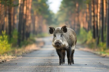 Boar standing on the road near forest at early morning or evening time. Road hazards, wildlife and...