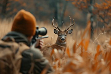 A man points a gun at a deer in a wooded area. Hunter with a rifle hunting an animal. Selective focus on an antlered deer looking into the camera
