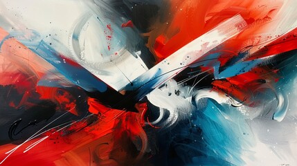 Dynamic Abstract Composition of Red, Blue, and White Strokes Evoking Movement and Energy	