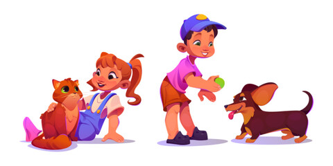 Happy children play with their pets. Cartoon vector kids and their friends domestic animal - smiling girl sitting on floor and stroking red cat with hand, boy training dog of dachshund breed with ball