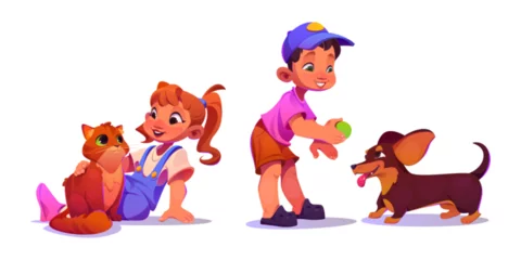 Gordijnen Happy children play with their pets. Cartoon vector kids and their friends domestic animal - smiling girl sitting on floor and stroking red cat with hand, boy training dog of dachshund breed with ball © klyaksun