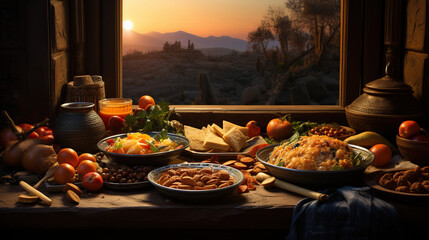 various foods on the table and Sunlight streams through a large window