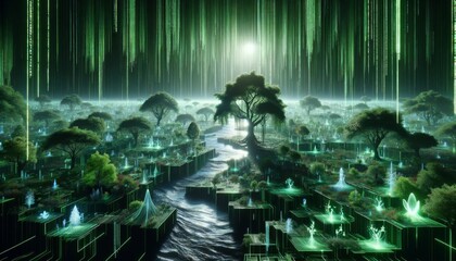 A detailed scene depicting a virtual reality landscape, where streams of code form trees, rivers, and wildlife within a matrix-inspired digital. - obrazy, fototapety, plakaty