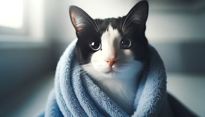 A close-up image of a black and white cat looking directly at the camera, wrapped in a blue towel.