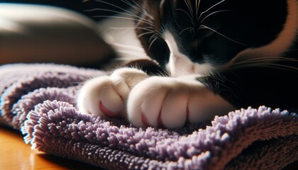 A close-up shot of a black and white cat's paws as it kneads a soft, purple towel.
