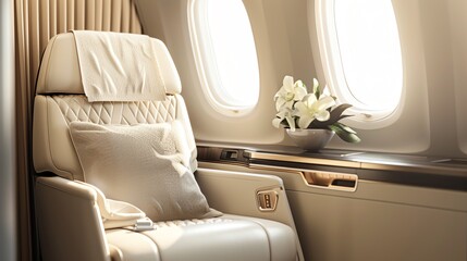 A luxurious and comfortable airline business class seat near a sunny window - obrazy, fototapety, plakaty