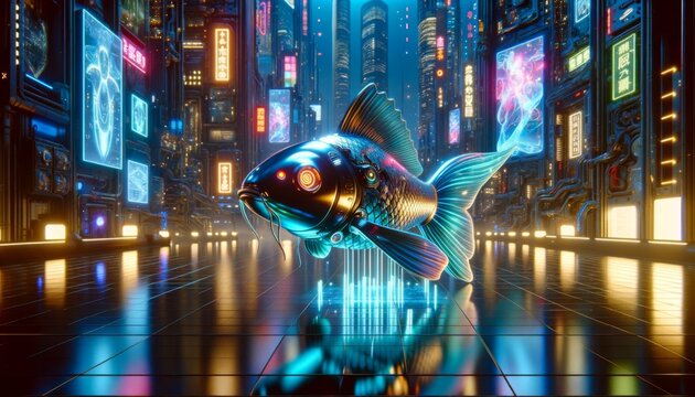 The image depict a close-up of a neon-lit, robotic koi fish swimming through the air, with buildings reflected in its sleek, metallic surface.