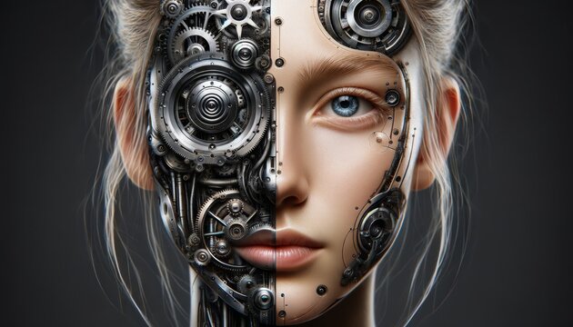 A close-up image of a person with parts of their face replaced by mechanical gears and wires, illustrating the merging of humans and machines.