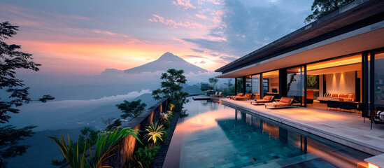 Image captures the serene beauty of dusk at a luxurious villa featuring a sleek infinity pool that reflects the vibrant sky, with a majestic volcano in the backdrop. Infinity Pool with Volcanic View - obrazy, fototapety, plakaty