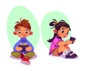 Foto op Canvas Kids playing with mobile phone. Cartoon vector illustration set of cute little boy sitting on floor and girl using smartphone. Child game and device addict or gadget for online study. © klyaksun