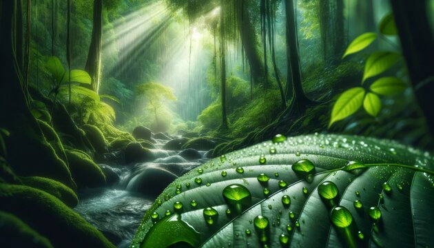 A close-up image capturing water droplets falling from a vibrant green leaf in a lush rainforest.
