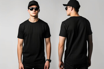 Black t-shirt mockup, front and back view.